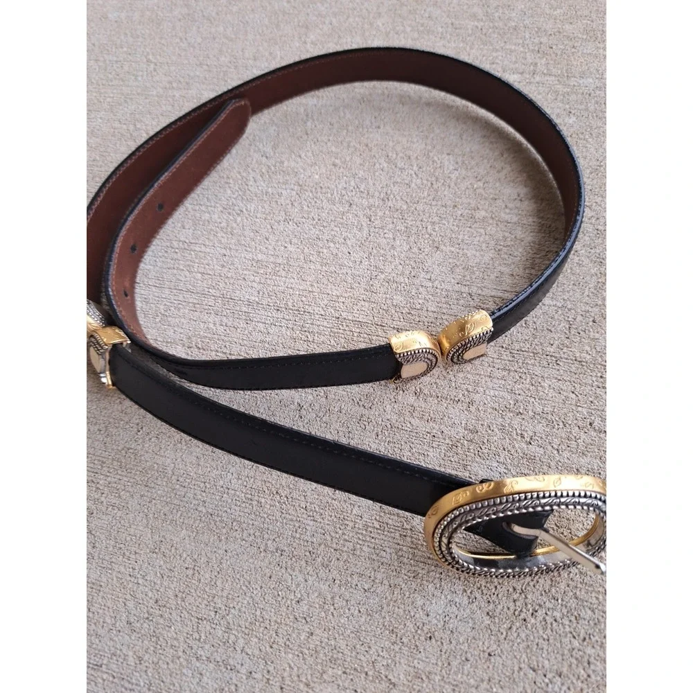 Brighton Women's Reversible Leather Black/Brown Belt Silver/Gold Tone Buckle M-L